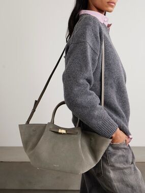 DeMellier Suede Midi New York leather-trimmed suede tote.